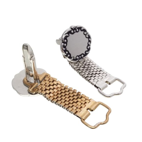 Silver & Gold Tone Cufflinks Engraved Mesh Wrap Sarah Coventry England Black - Picture 5 of 8